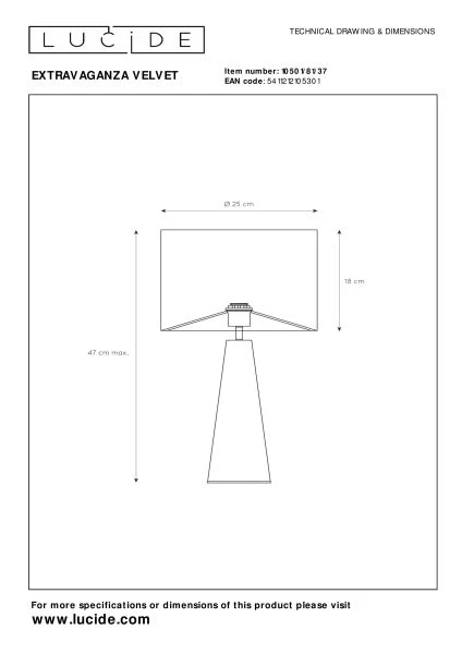 Lucide EXTRAVAGANZA VELVET - Lámpara de mesa - Ø 25 cm - 1xE27 - Turquesa - TECHNISCH